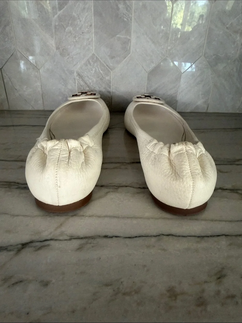 Tory Burch Ivory Leather Logo Ballet Flats